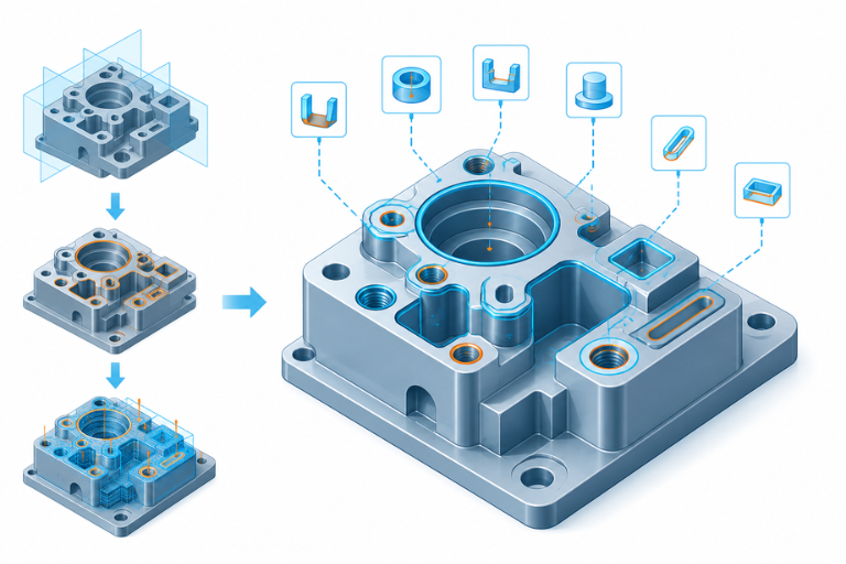 NX Feature-Based Machining (FBM) Tự động nhận diện các đặc trưng hình học trên mô hình CAD để gán quy trình gia công chuẩn.