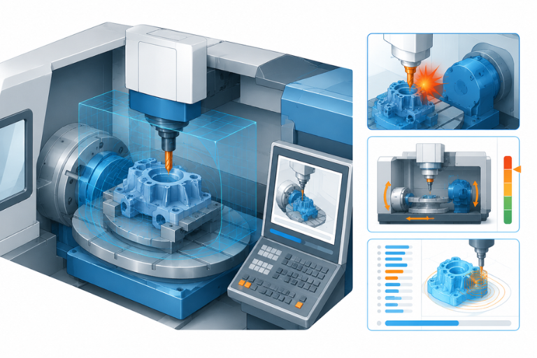 NX Machine Simulation Mô phỏng chuyển động thực của máy CNC dựa trên mã G-code để phát hiện va chạm.