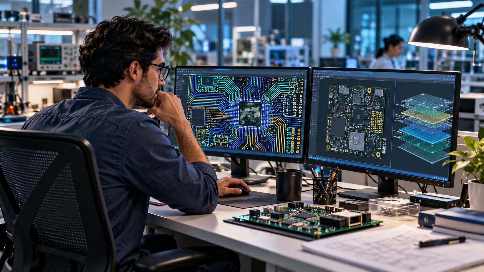 Kỹ sư ứng dụng EDA thiết kế PCB trên máy tính trong phòng lab
