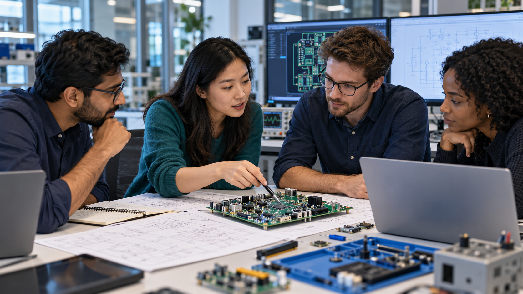 Nhóm kỹ sư điện tử cùng phân tích nguyên mẫu PCB và trao đổi giải pháp