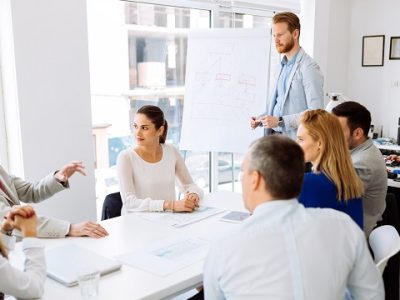 Presentation and collaboration by business people in office